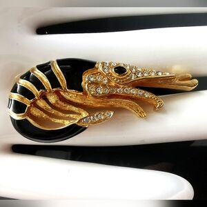 Rare Chr.Dior Vintage Shrimp Black Enamel Rhinestone Gold Tone Brooch Pin